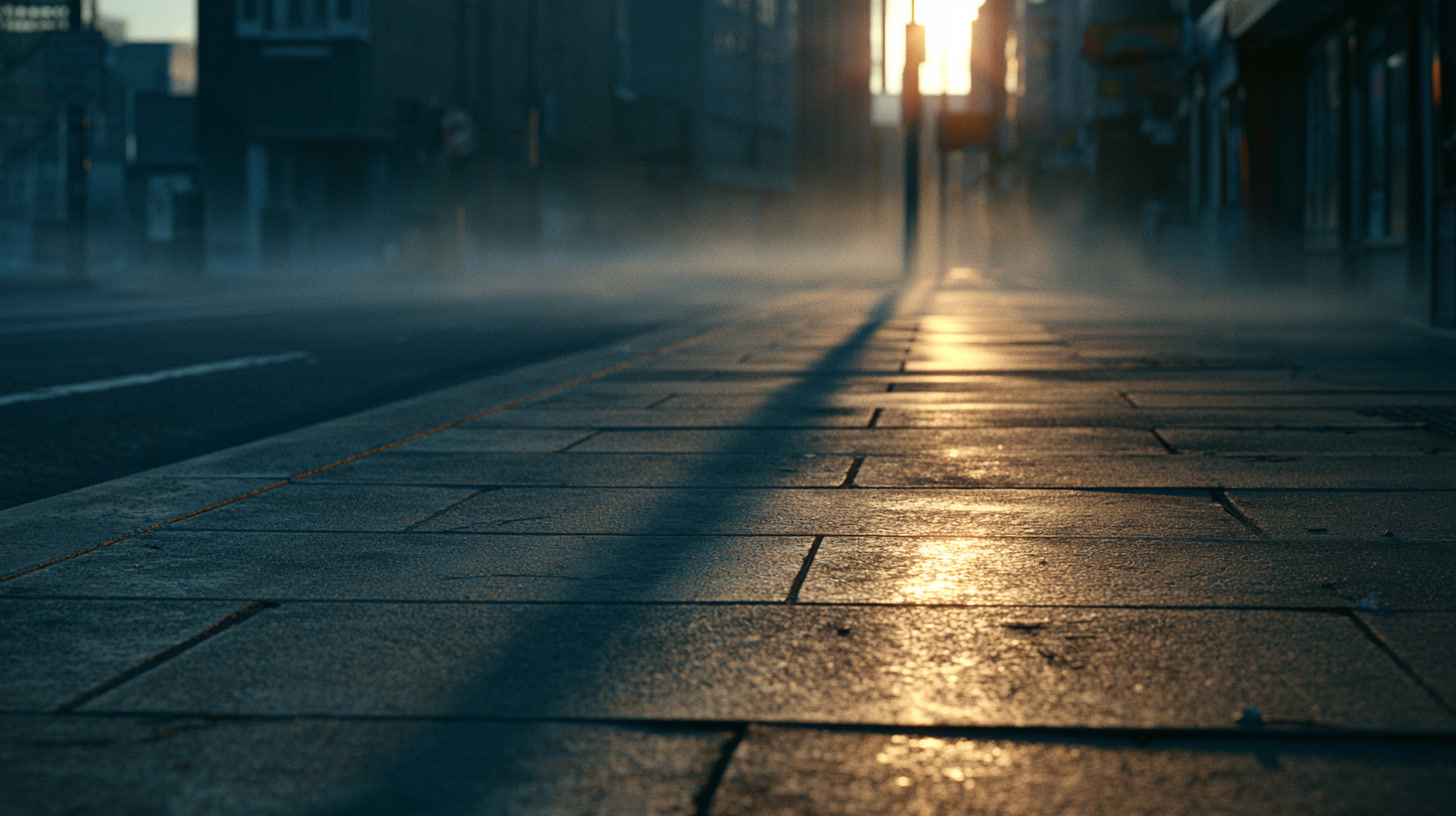 Empty urban pavement at dawn, long shadows, light mist